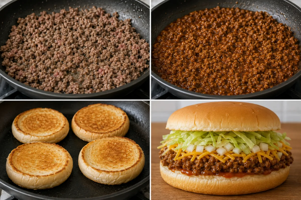 Four stages showing beef browned into fine crumbles, taco seasoning simmered into the meat, hamburger buns toasted, and Big Bell Beefer sandwiches assembled