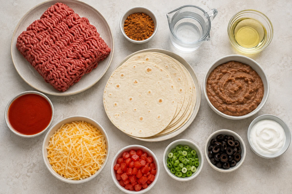 Ingredients for copycat Mexican pizza including beef, tortillas, beans, enchilada sauce, cheese, tomatoes, green onions, olives, and sour cream