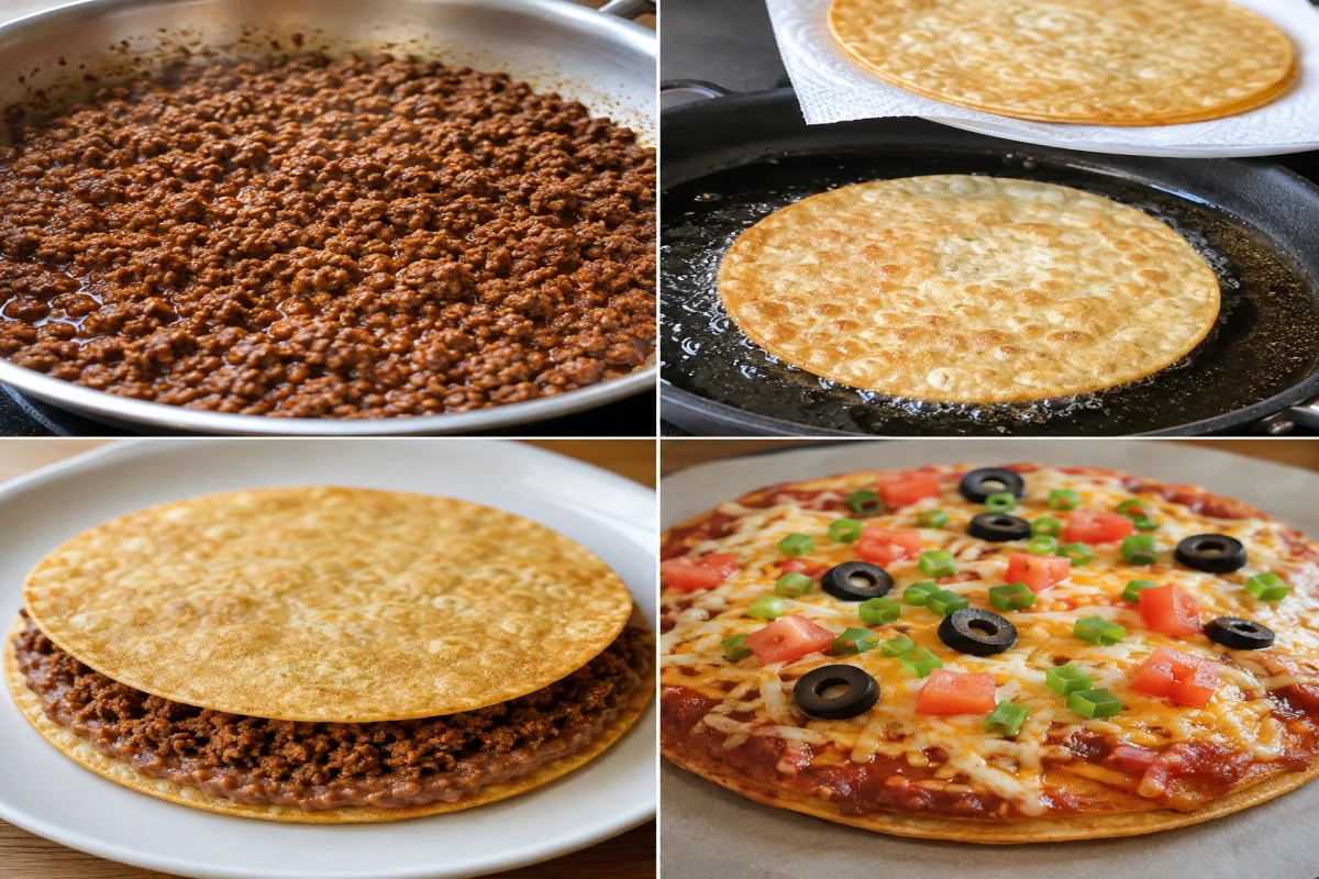 Four stages showing taco beef cooked, flour tortillas fried crisp, beans and beef layered, and Mexican pizza baked with sauce and cheese