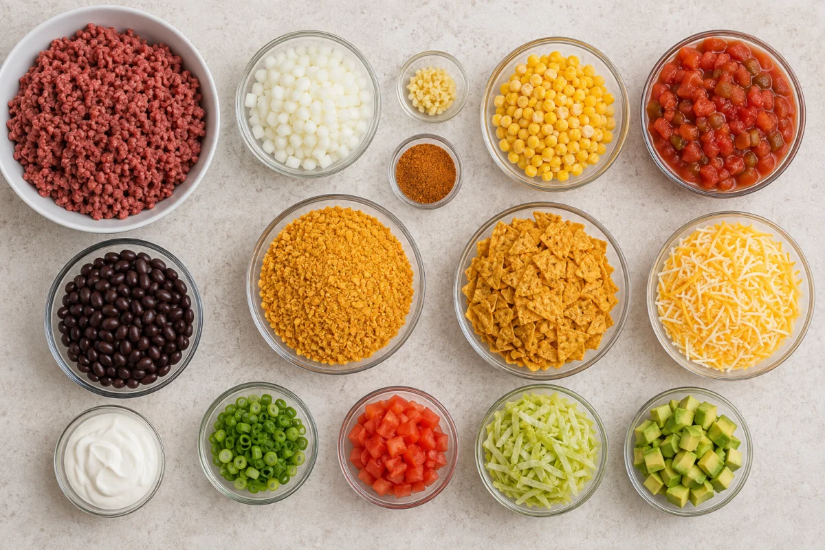 Ingredients for taco tortilla-chip casserole including beef, corn, tomatoes, beans, cheese, sour cream, and fine and chunky chip crumbs