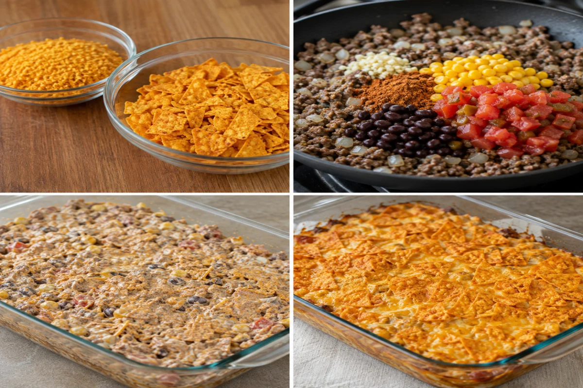 Four stages showing tortilla chips crushed in two textures, taco beef mixed, casserole spread in a dish, and cheese and chips baked on top