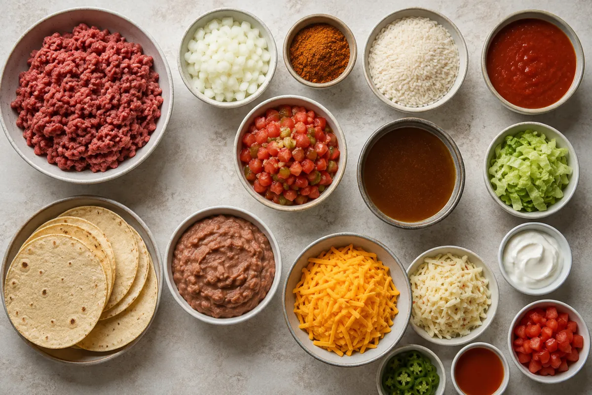 Ingredients for taco lasagna with ground beef, onion, taco seasoning, rice, enchilada sauce, tomatoes with green chiles, broth, corn tortillas, refried beans, cheese, and toppings