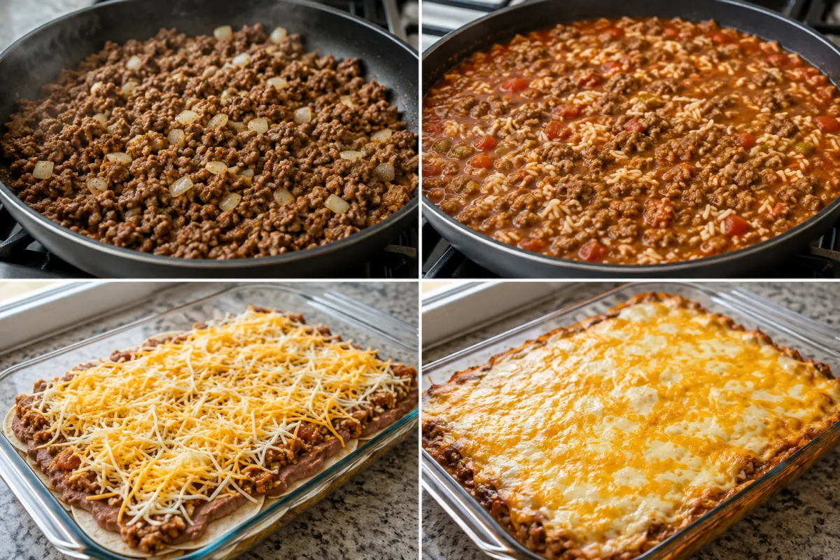 Four stages showing taco-seasoned beef cooked with onion, rice simmered in tomato broth, corn tortillas layered with beans and beef, and taco lasagna baked with melted cheese