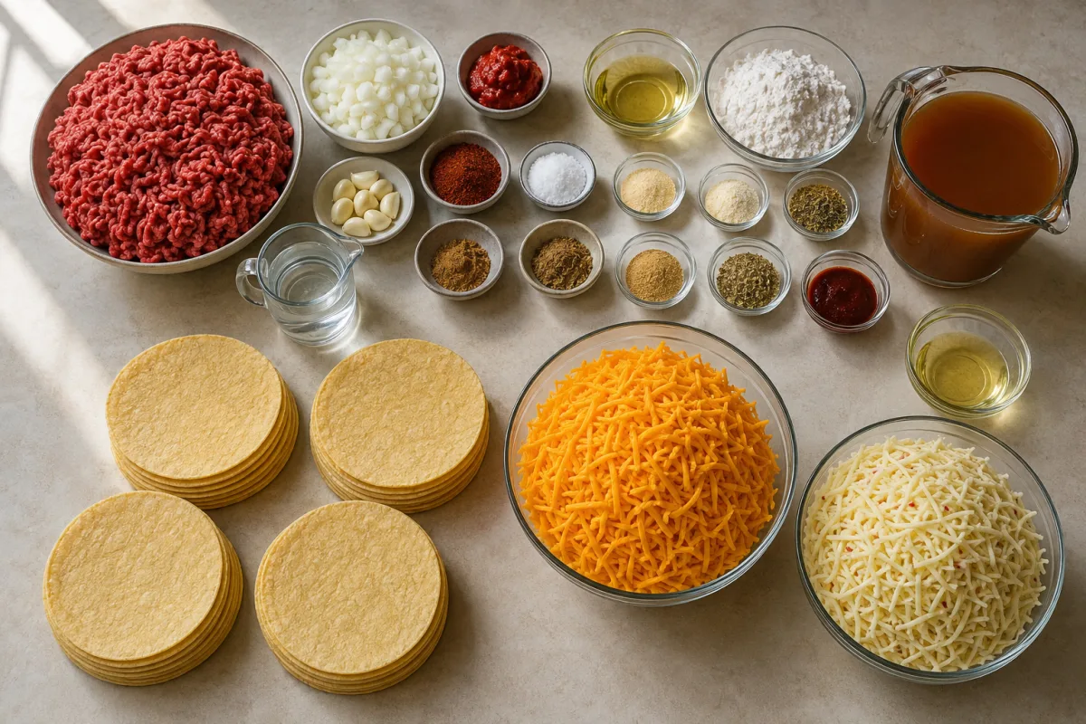 Ingredients for Tex-Mex beef enchiladas with ground beef, corn tortillas, onions, garlic, tomato paste, spices, chipotle sauce, beef broth, cheddar, and pepper jack