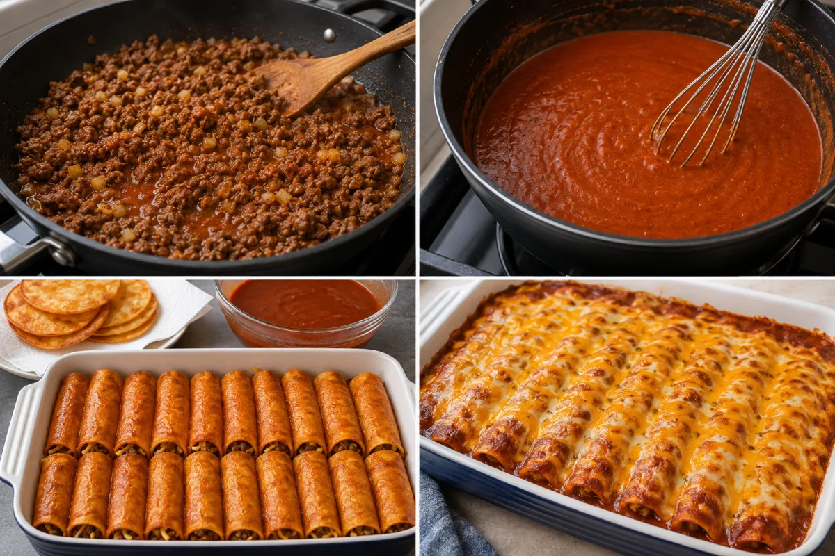 Four stages showing seasoned ground beef, red enchilada sauce, filled tortillas rolled in a baking dish, and baked enchiladas covered with melted cheese
