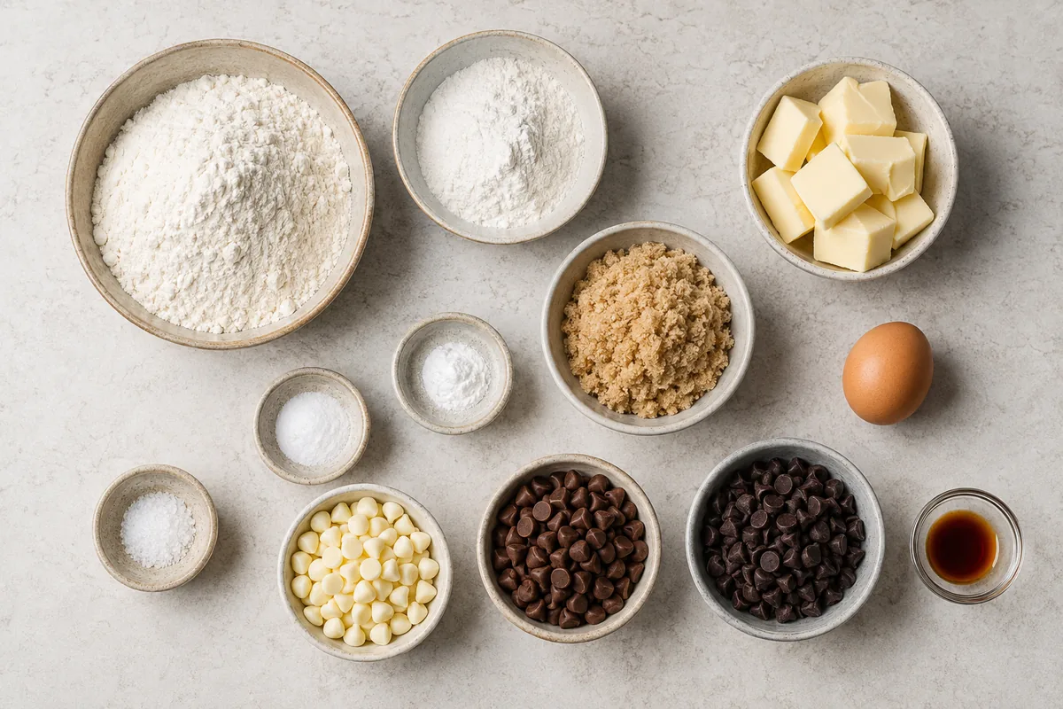 Ingredients for triple chocolate chip cookies with all-purpose and cake flour, butter, brown sugar, egg, vanilla, leaveners, salt, and three bowls of chocolate chips