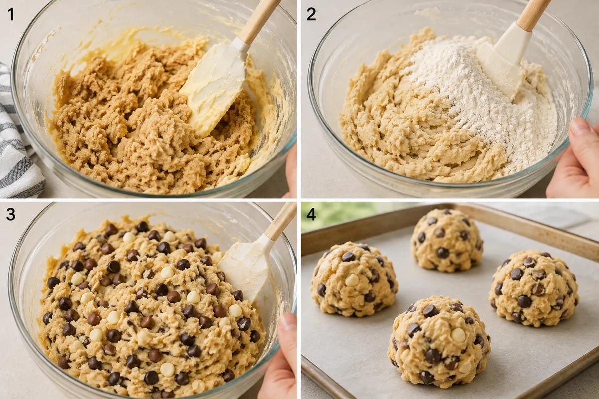 Four stages of triple chocolate chip cookies showing creamed butter and brown sugar, flour folded into pale dough, three chocolates added, and large dough portions on parchment