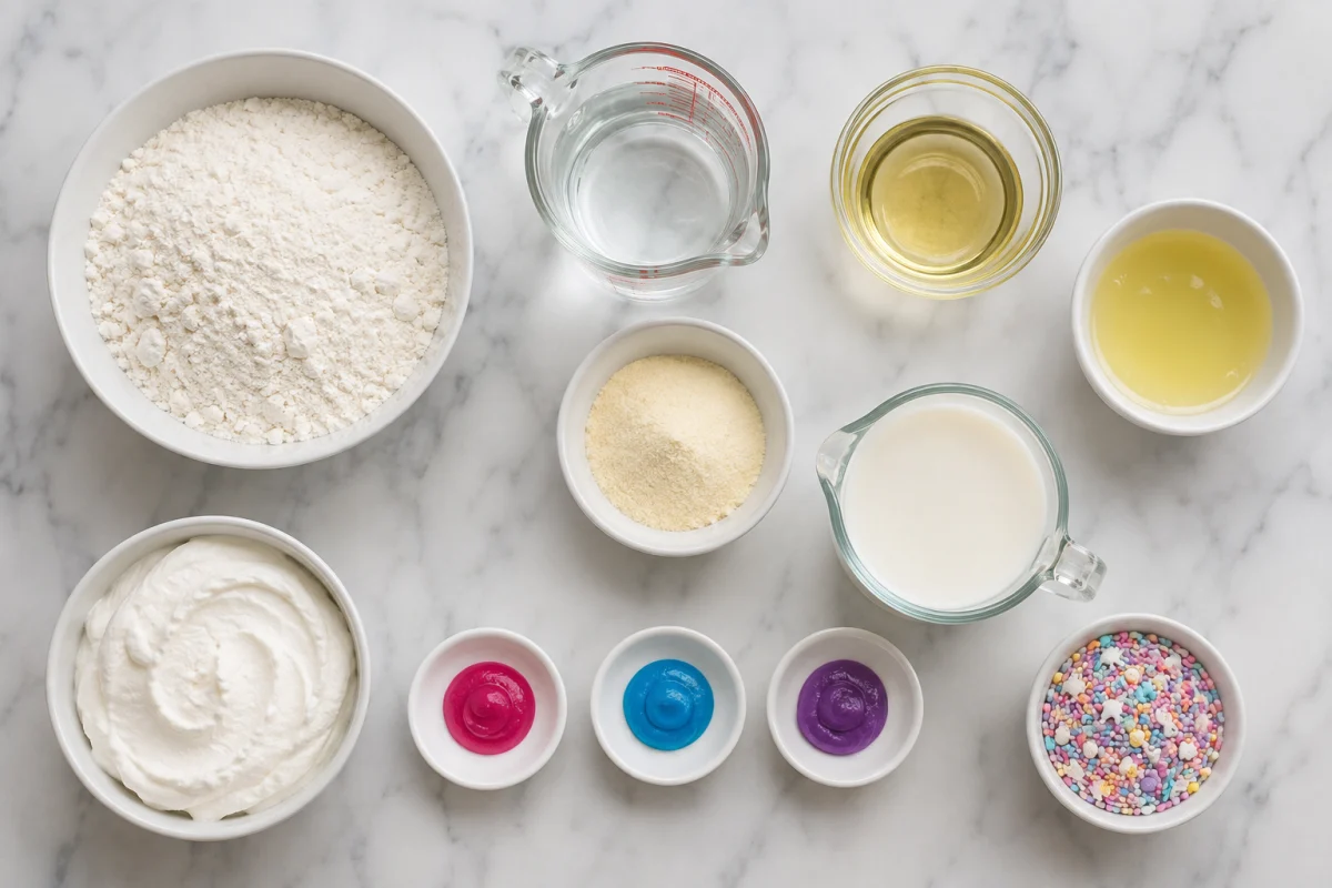 Ingredients for unicorn poke cake including white cake mix, egg whites, oil, pastel gel colors, vanilla pudding, milk, whipped topping, and sprinkles