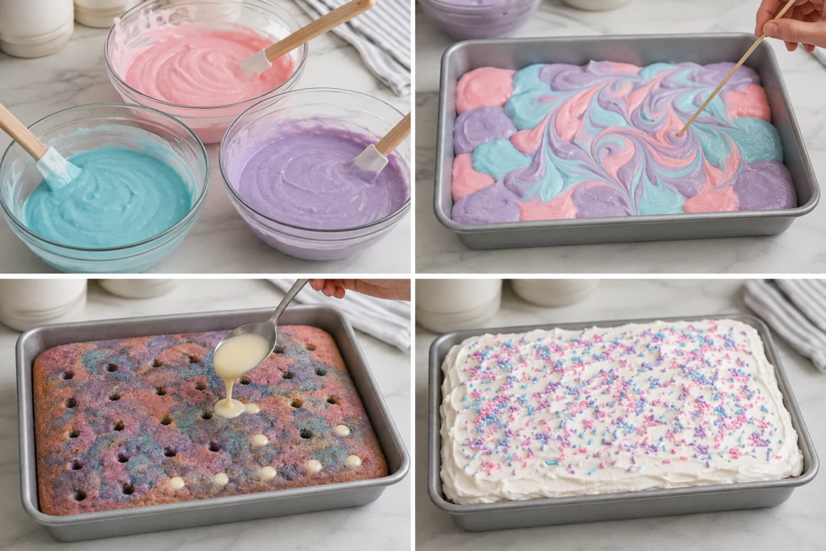 Four stages showing pastel cake batters, batter swirled in a pan, pudding added to holes, and whipped topping with sprinkles