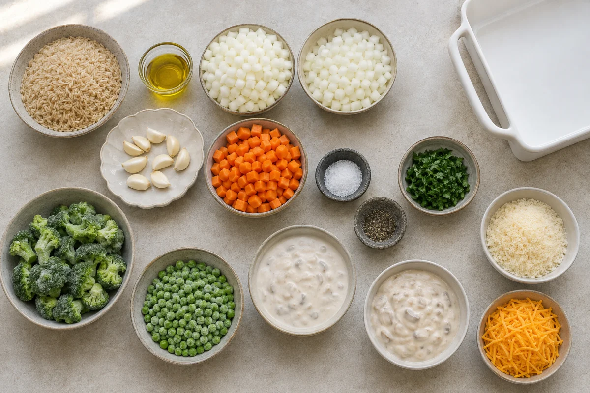 Brown rice, onions, garlic, carrots, broccoli, peas, mushroom soup, parsley, Parmesan, cheddar, and seasonings