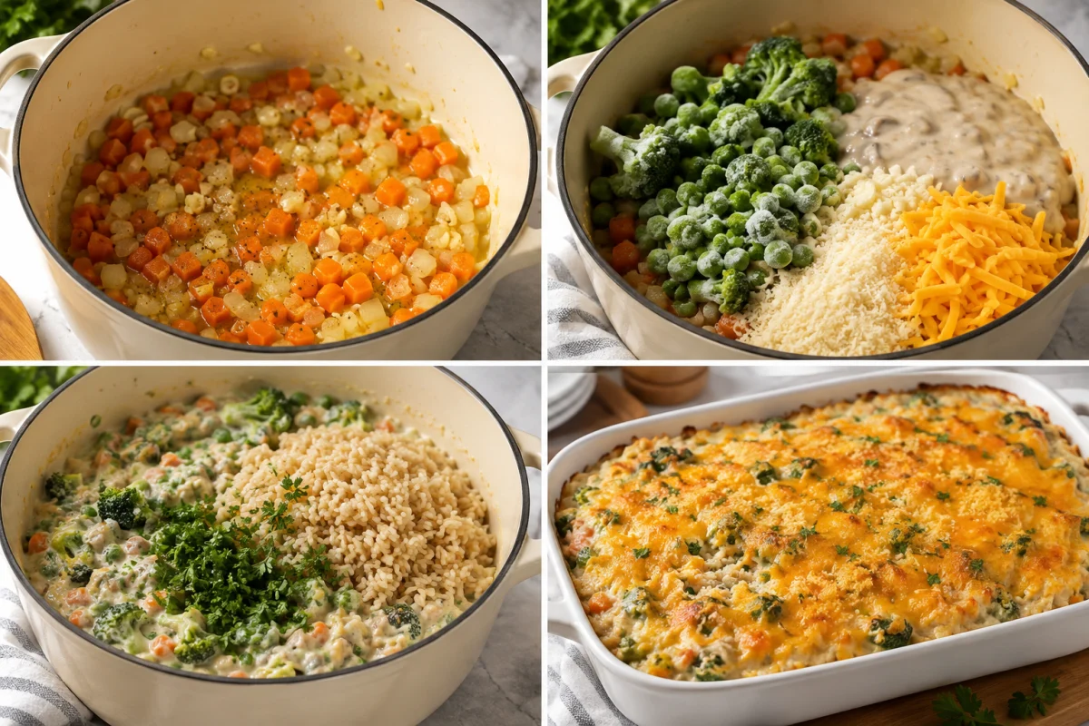 Four stages showing carrots and onions sautéed, frozen vegetables and cheese added, rice folded in, and casserole baked golden