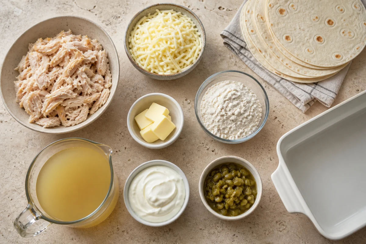 Rotisserie chicken, Monterey Jack, tortillas, butter, flour, broth, sour cream, and diced green chiles