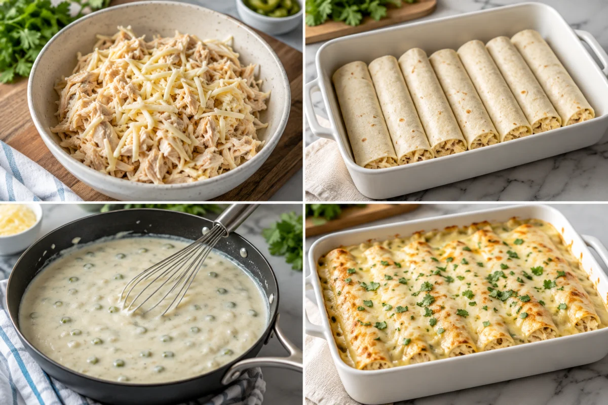 Four stages showing chicken and cheese filling, rolled tortillas, white green chile sauce, and baked chicken enchiladas