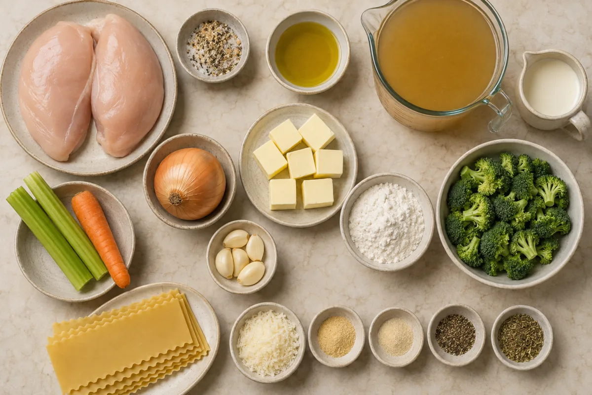 Ingredients for white chicken lasagna soup with chicken, butter, vegetables, garlic, flour, broth, cream, broccoli, lasagna noodles, herbs, and Parmesan