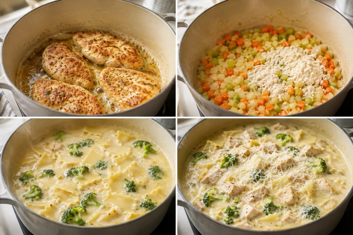 Four stages showing chicken seared, vegetables cooked with flour, creamy broth simmered with broccoli and lasagna, and Parmesan and chicken added