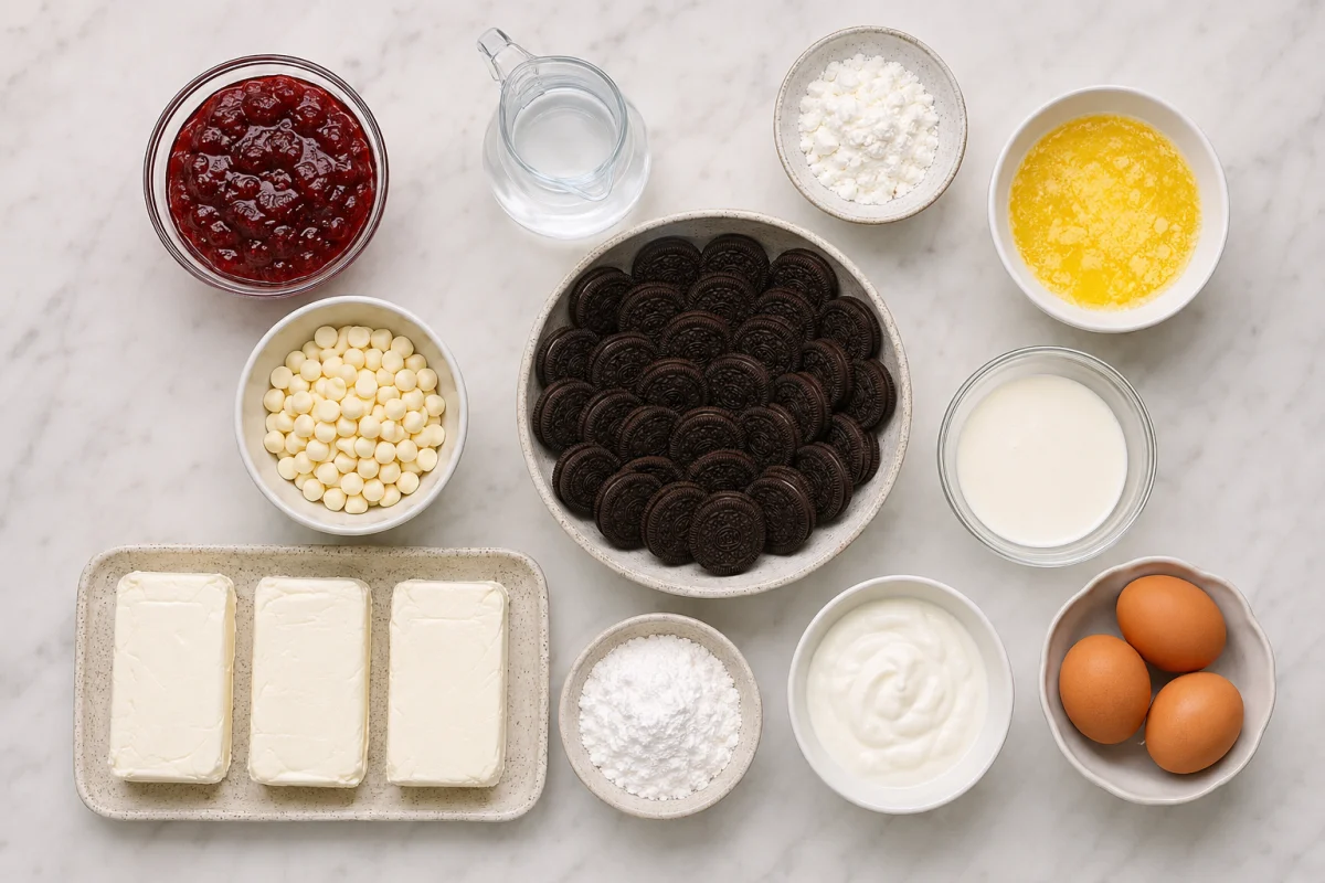 Ingredients for white chocolate raspberry cheesecake bars including raspberry preserves, sandwich cookies, butter, white chocolate, cream, cream cheese, yogurt, sugar, and eggs