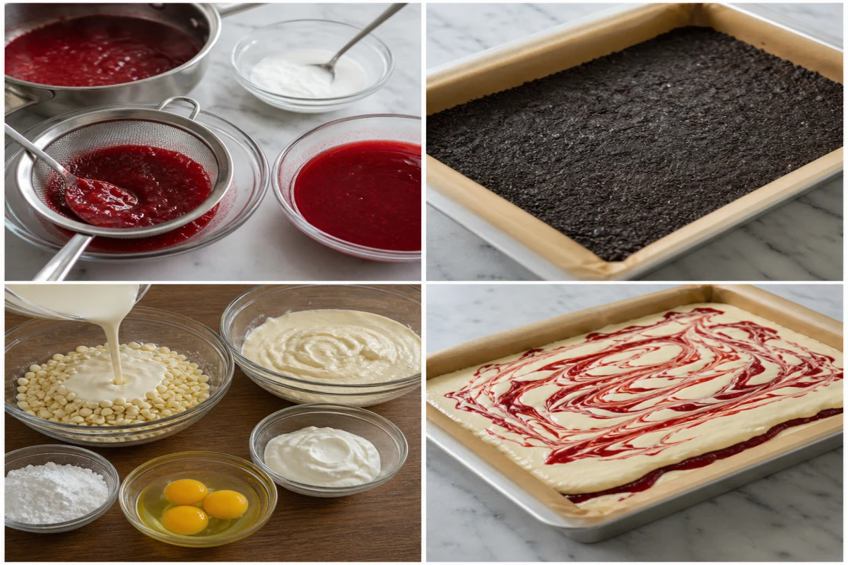Four stages showing raspberry sauce strained, chocolate cookie crust baked, white chocolate filling mixed, and raspberry cheesecake batter swirled in a pan
