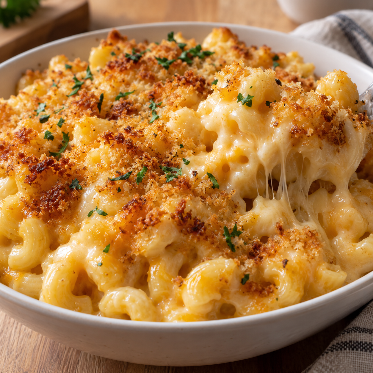 Five Cheese Mac and Cheese with golden crumbs and parsley