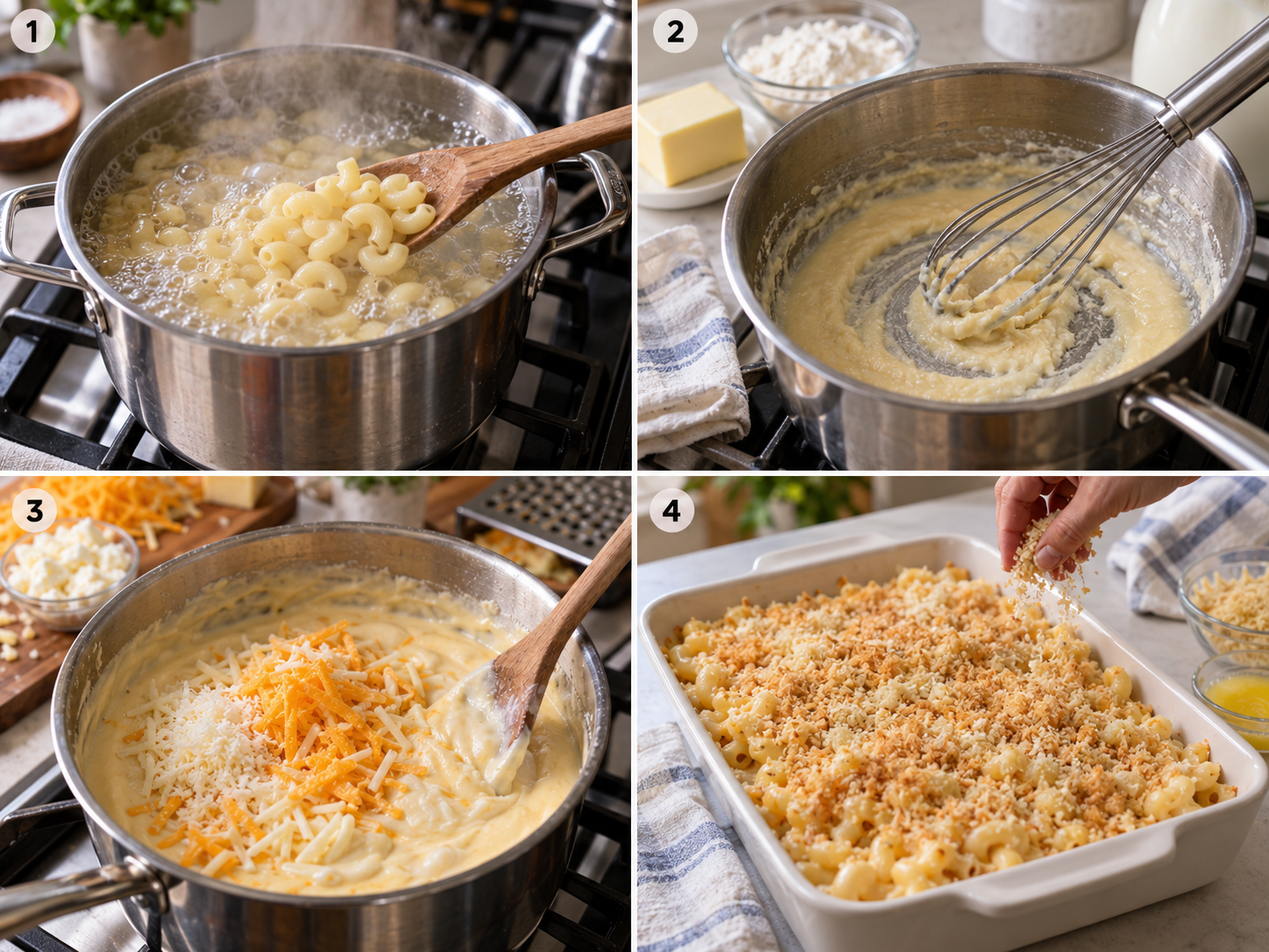 Four steps for Five Cheese Mac and Cheese from pasta to breadcrumb topping