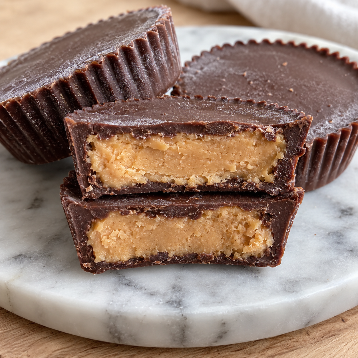 Frozen peanut butter cup cut in half showing a chocolate shell and peanut butter center