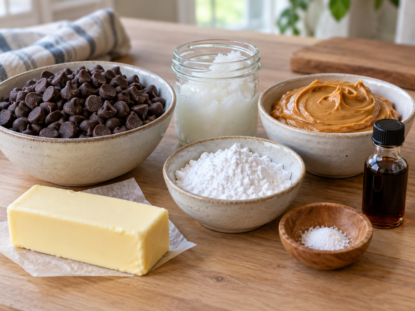 Raw ingredients for frozen peanut butter cups including chocolate chips, peanut butter, and butter
