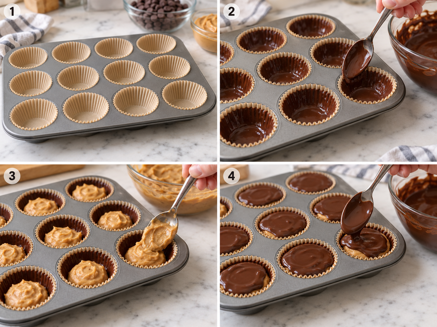 Four steps of making frozen peanut butter cups from lining the pan to sealing the tops