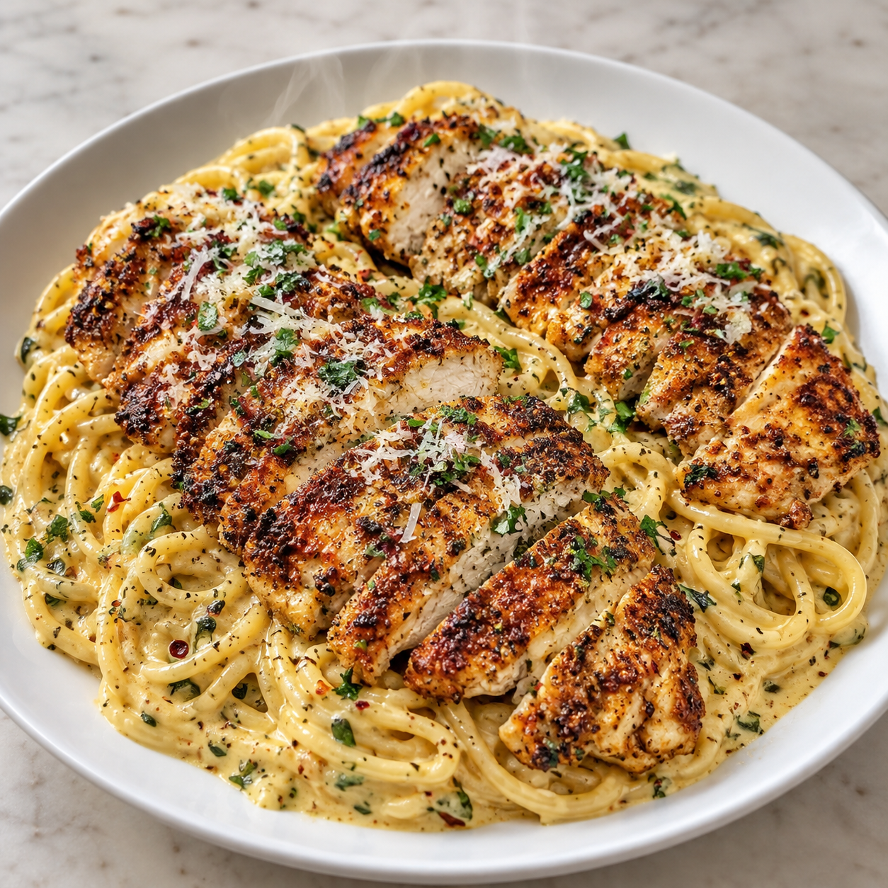 Creamy Cajun parmesan chicken spaghetti topped with sliced parmesan-crusted chicken and parsley