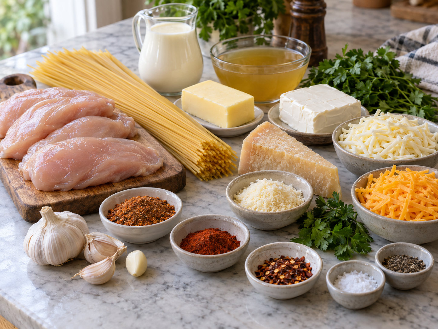 Raw chicken, spaghetti, Cajun seasoning, garlic, cream and three cheeses on a wooden surface