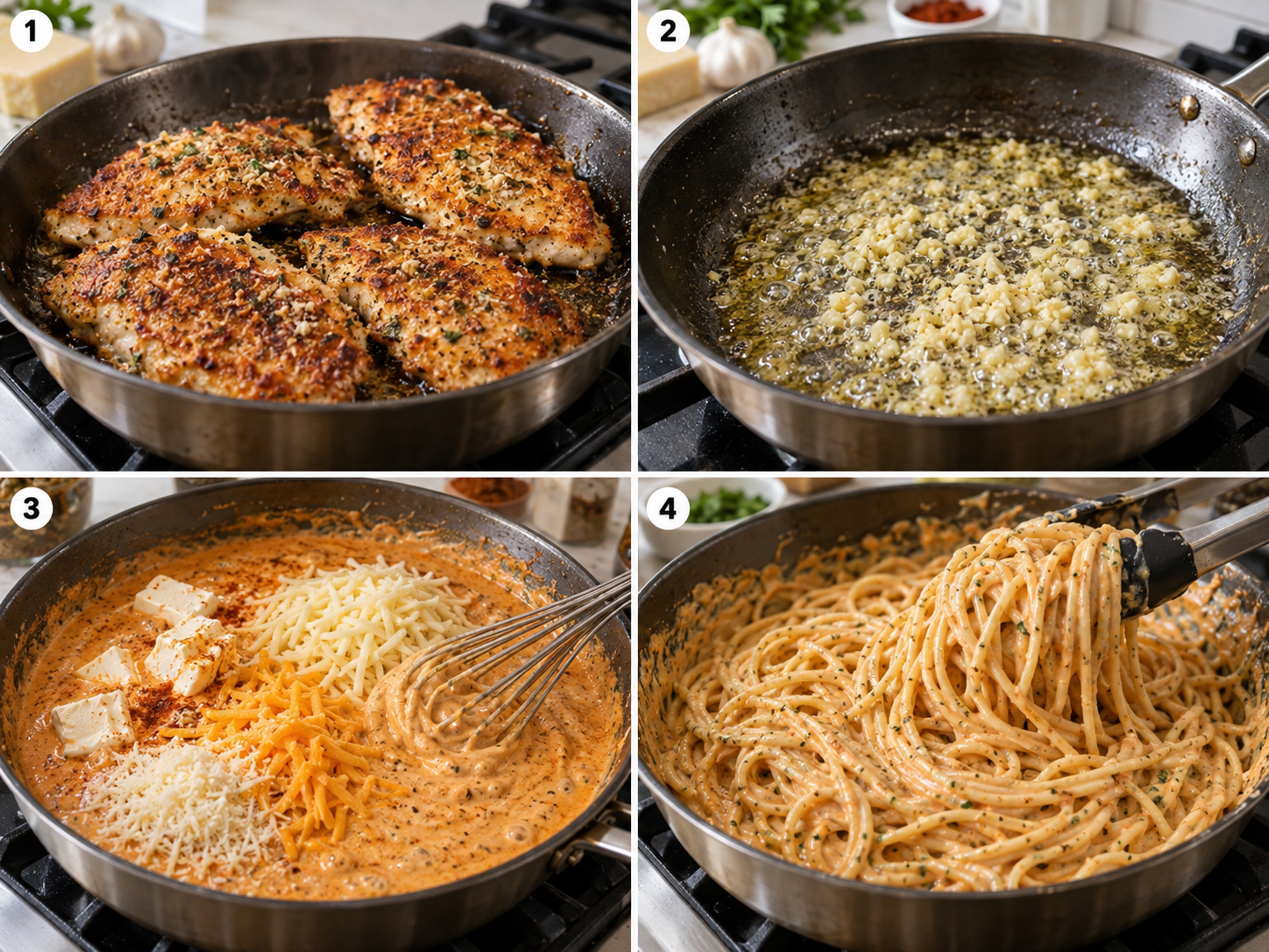 Four steps making Cajun parmesan chicken spaghetti from searing chicken to tossing the sauce