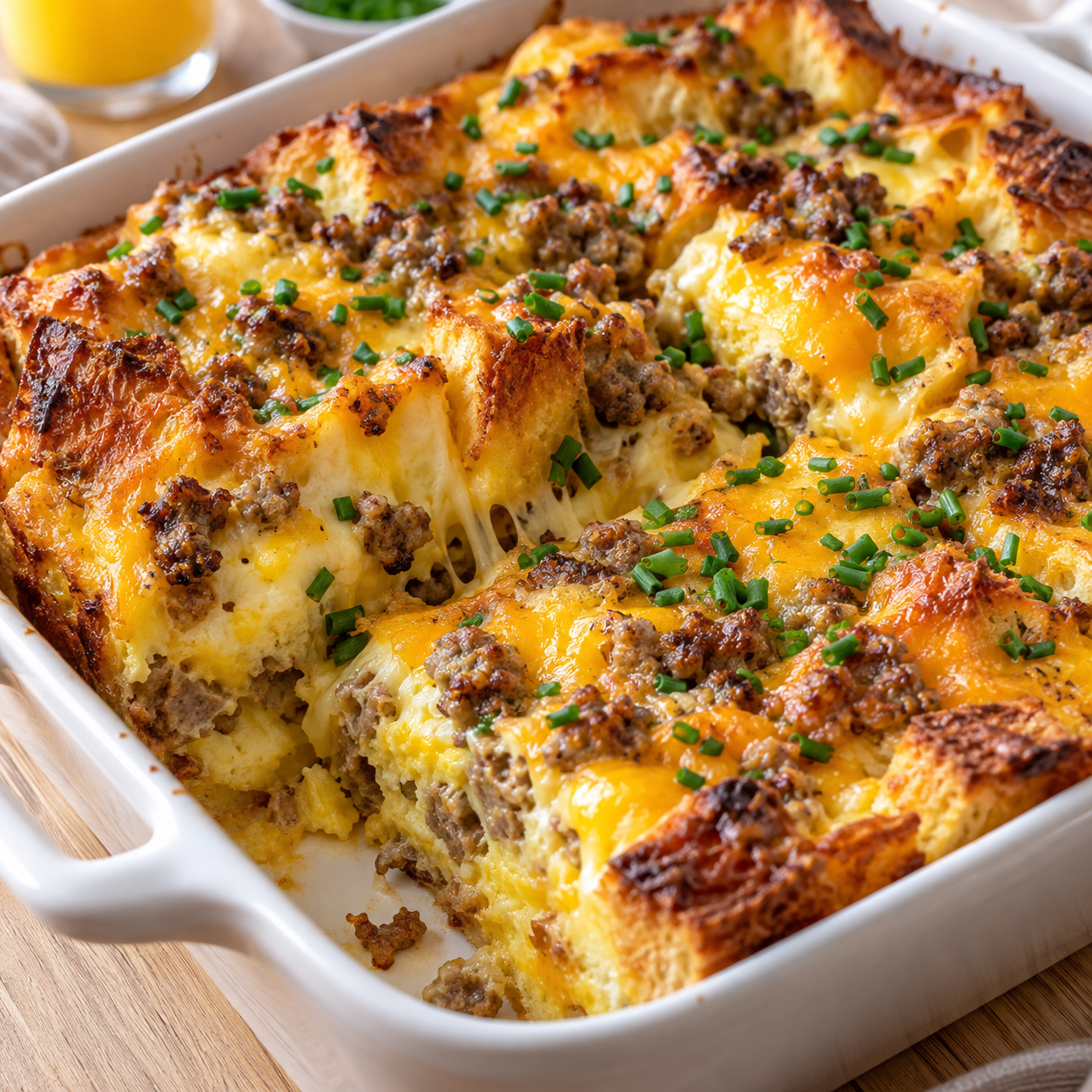 Golden sausage egg breakfast casserole with melted cheese and chives