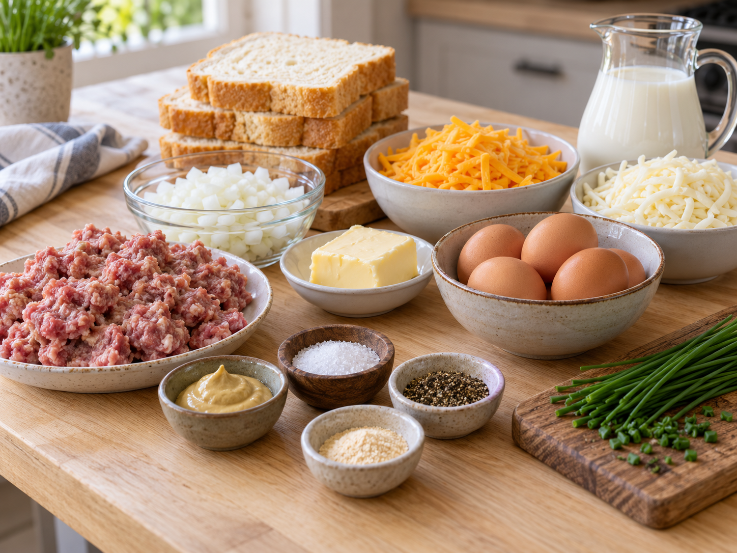Ingredients for sausage egg breakfast casserole with bread and cheese