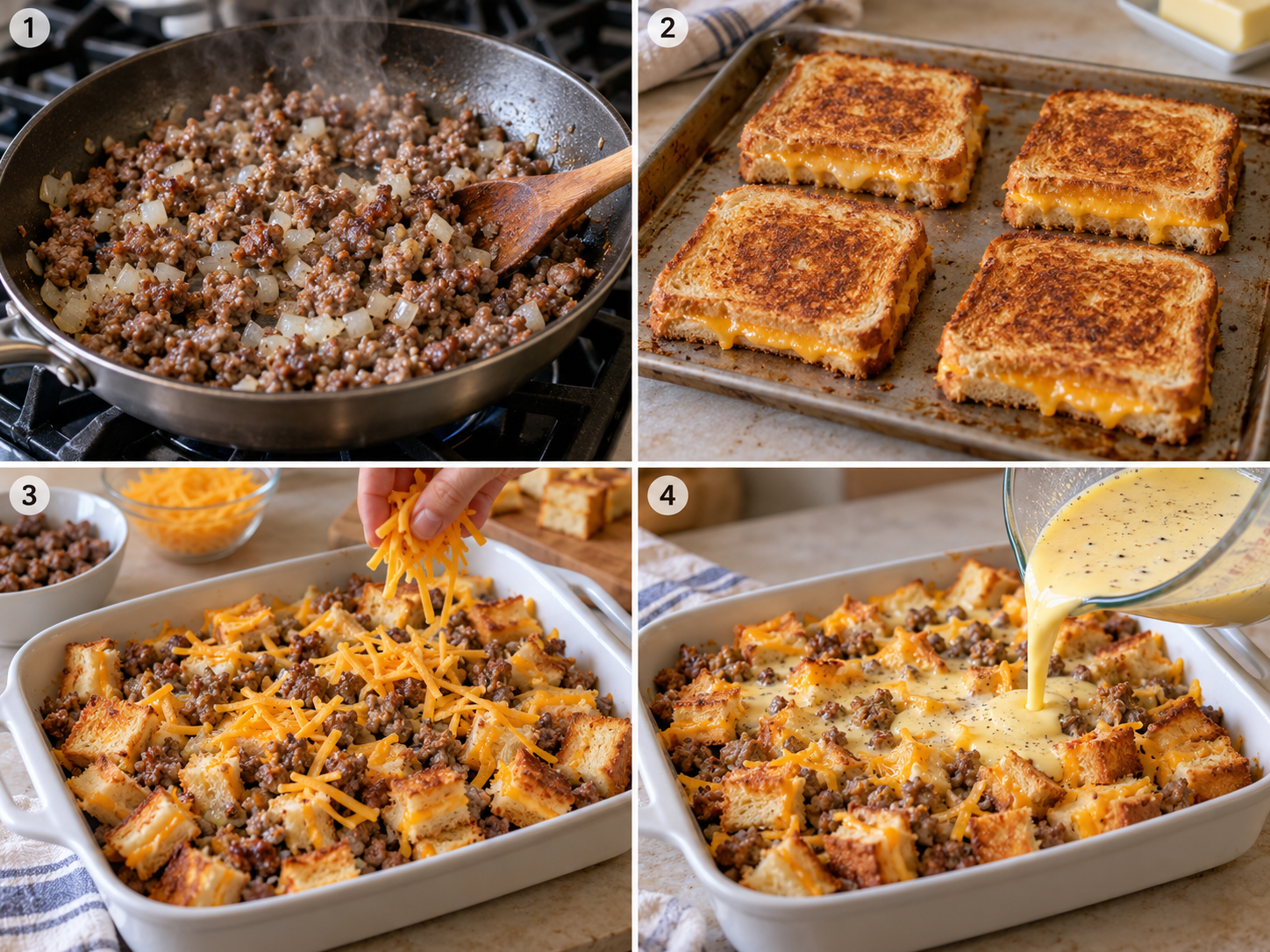 Four steps for layering sausage egg casserole with grilled-cheese cubes