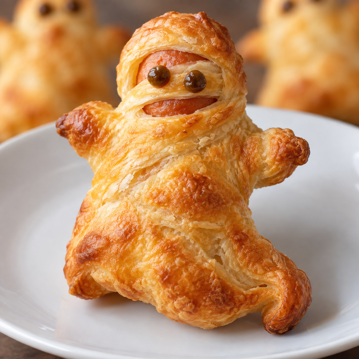Golden crescent dough ghost sausage roll with mustard dot eyes and a draping baked tail