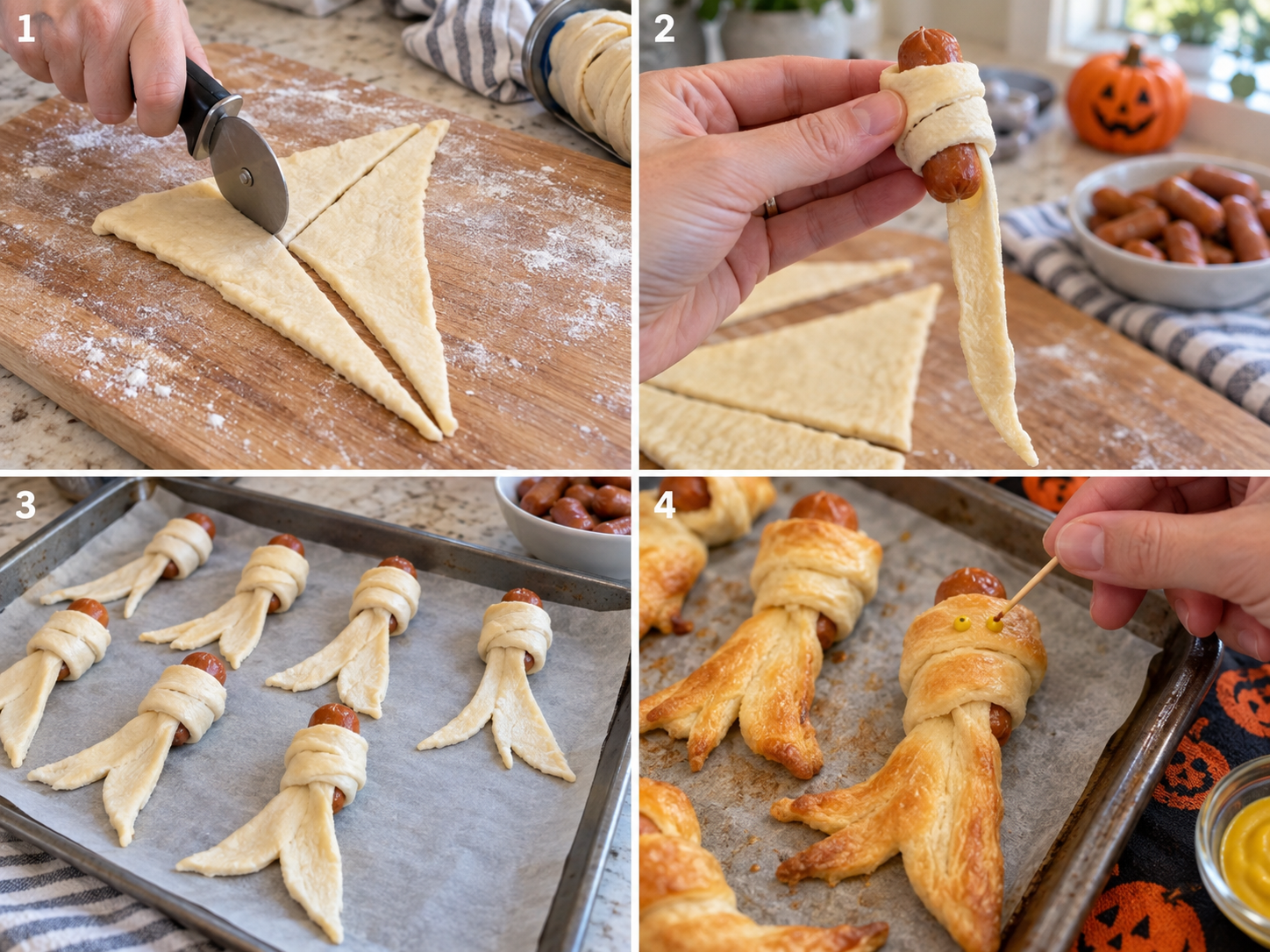 Four steps of wrapping and baking Halloween ghost sausage crescent rolls