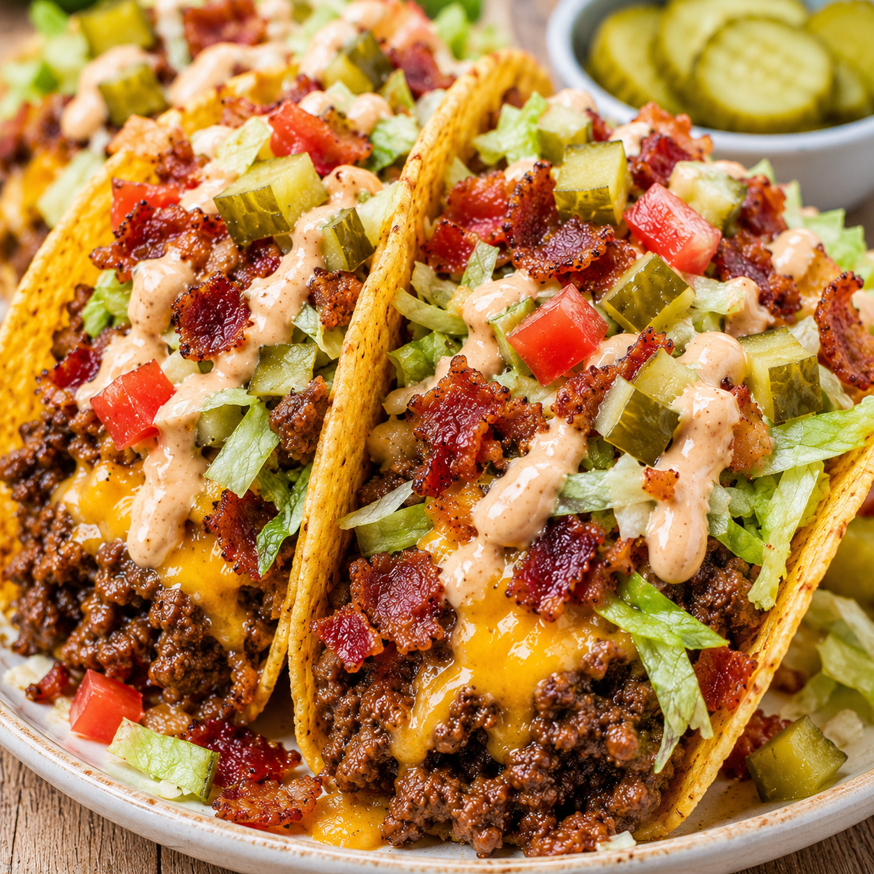 Crispy taco shells loaded with seasoned beef, bacon, melted cheddar, lettuce, and pickles