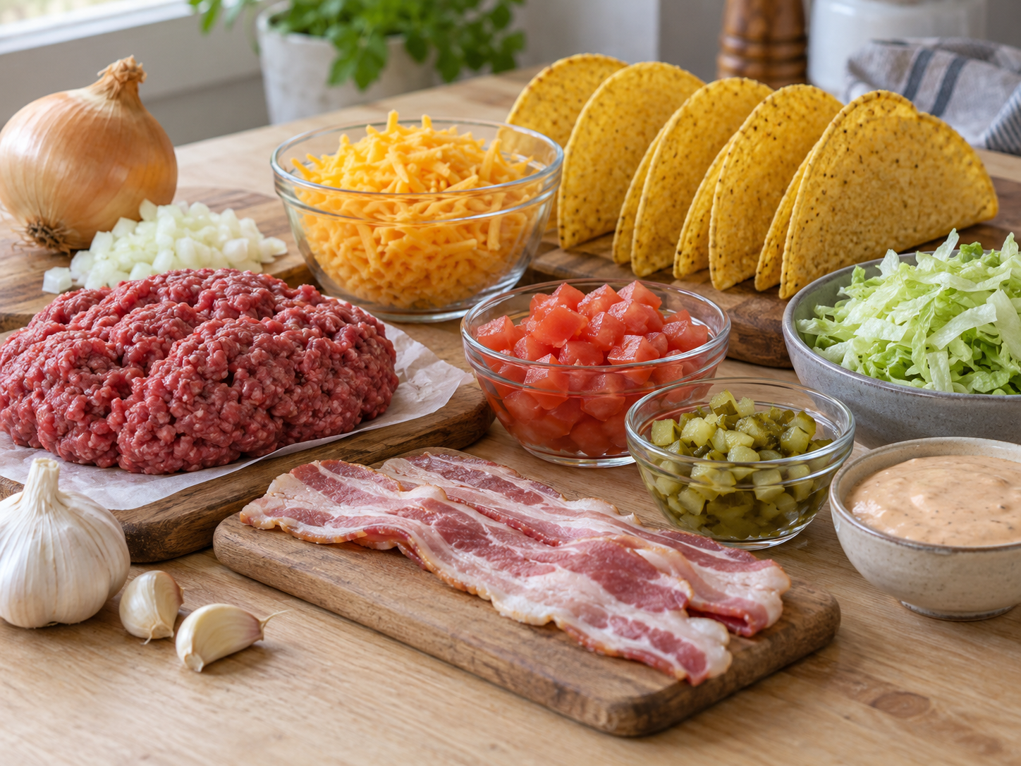 Raw ground beef, bacon, cheddar, taco shells, and burger sauce ingredients on a wooden board