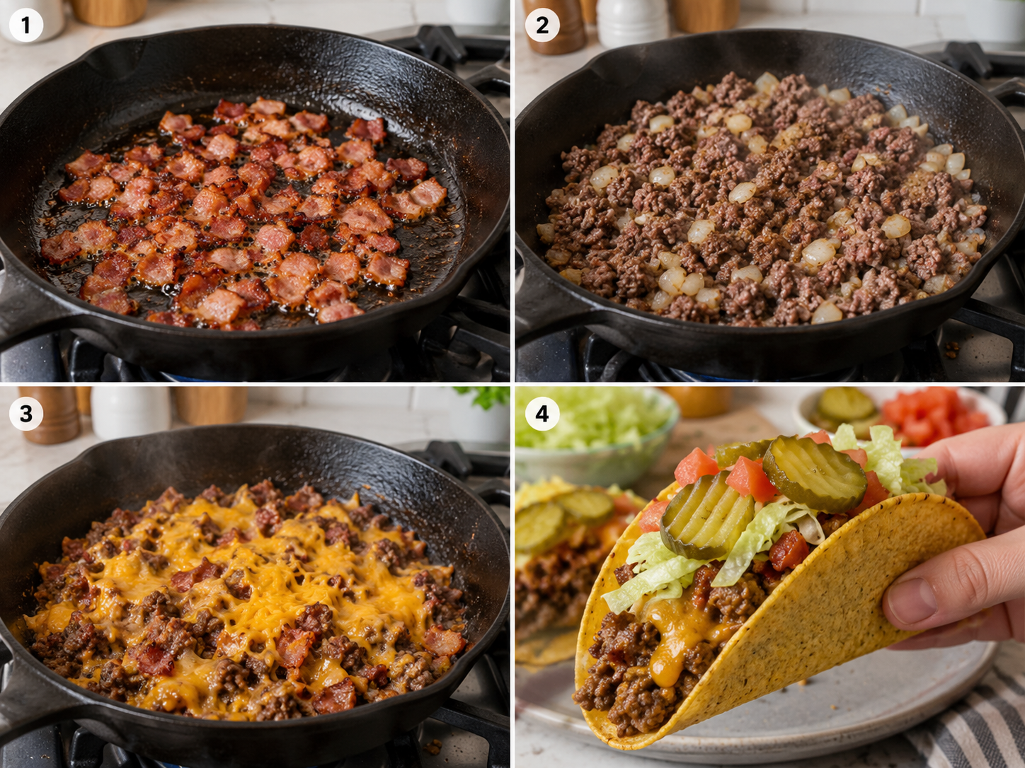 Four steps of making bacon cheeseburger taco filling from bacon to assembly