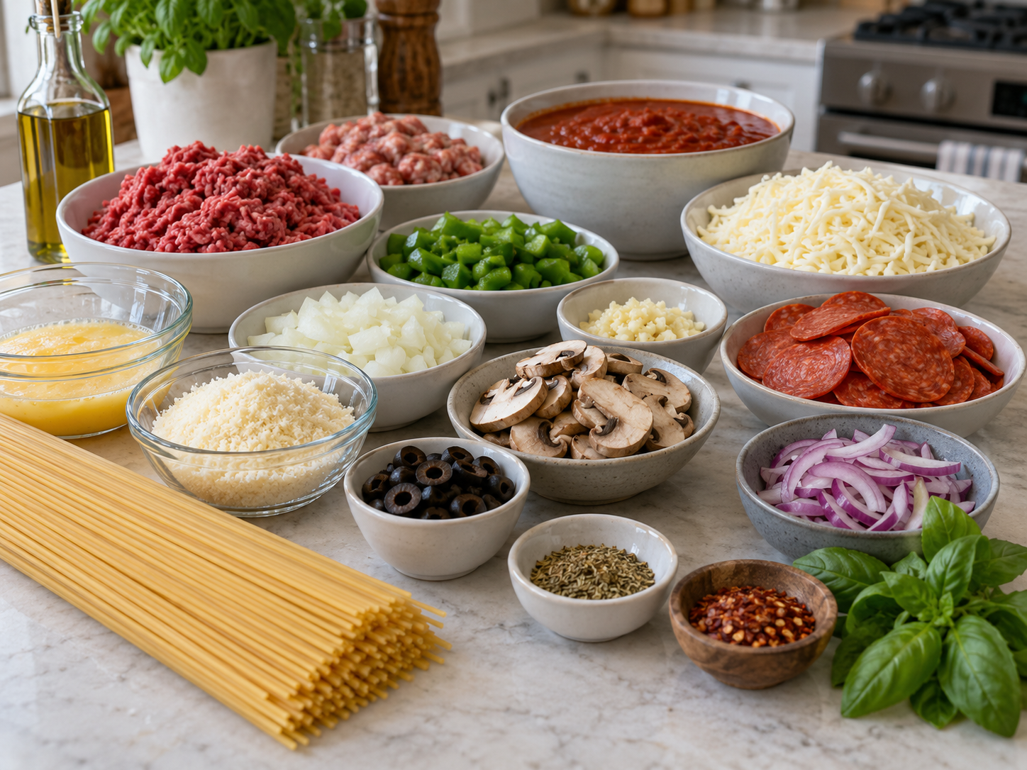 Ingredients for loaded pizza spaghetti bake arranged on a kitchen counter