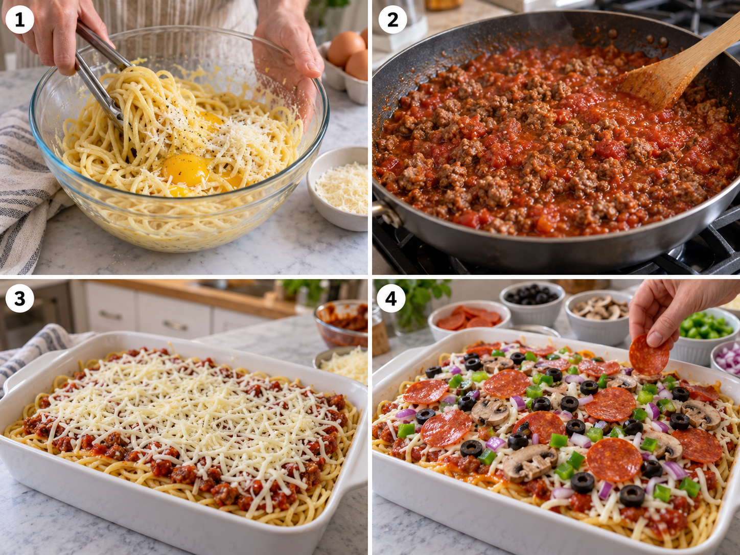 Four cooking steps for loaded pizza spaghetti bake in a bright kitchen