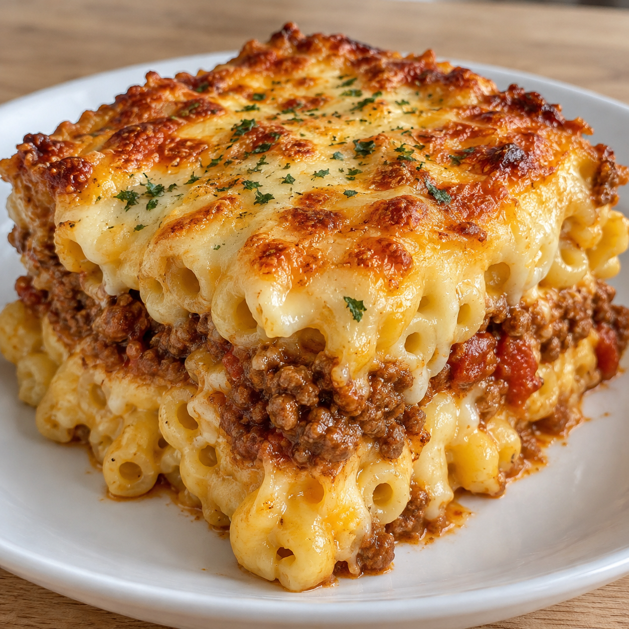 Cut square of mac and cheese lasagna bake showing layers of beef sauce and melted cheese