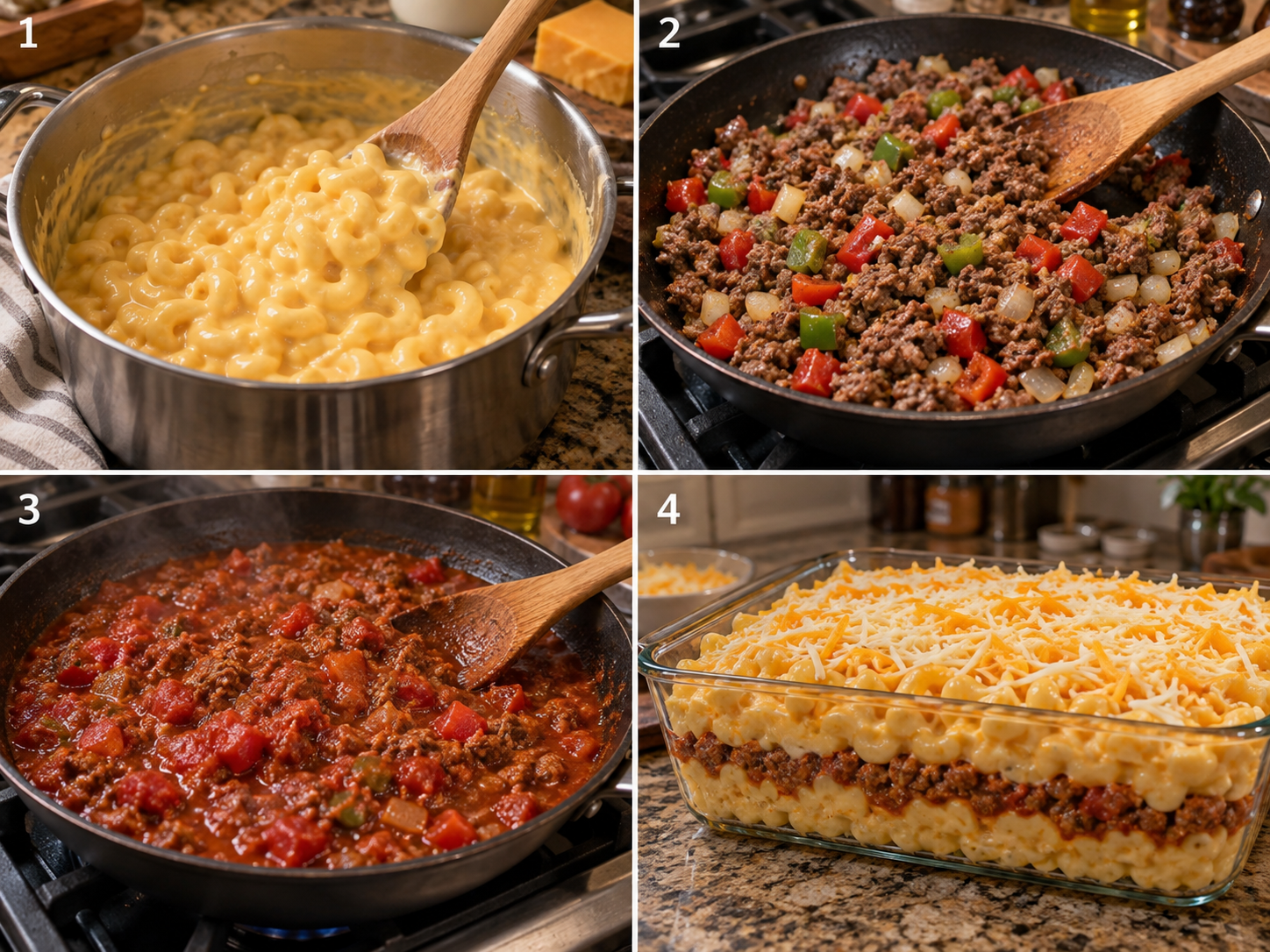 Four steps of making mac and cheese lasagna bake from cheese sauce to layering