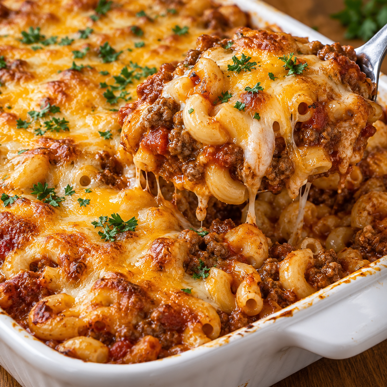 Macaroni beef baked casserole with melted cheese and parsley