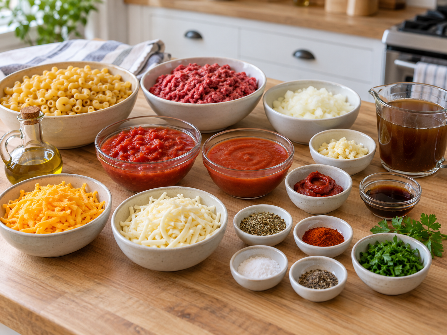 Ingredients for macaroni beef baked casserole on a wooden counter