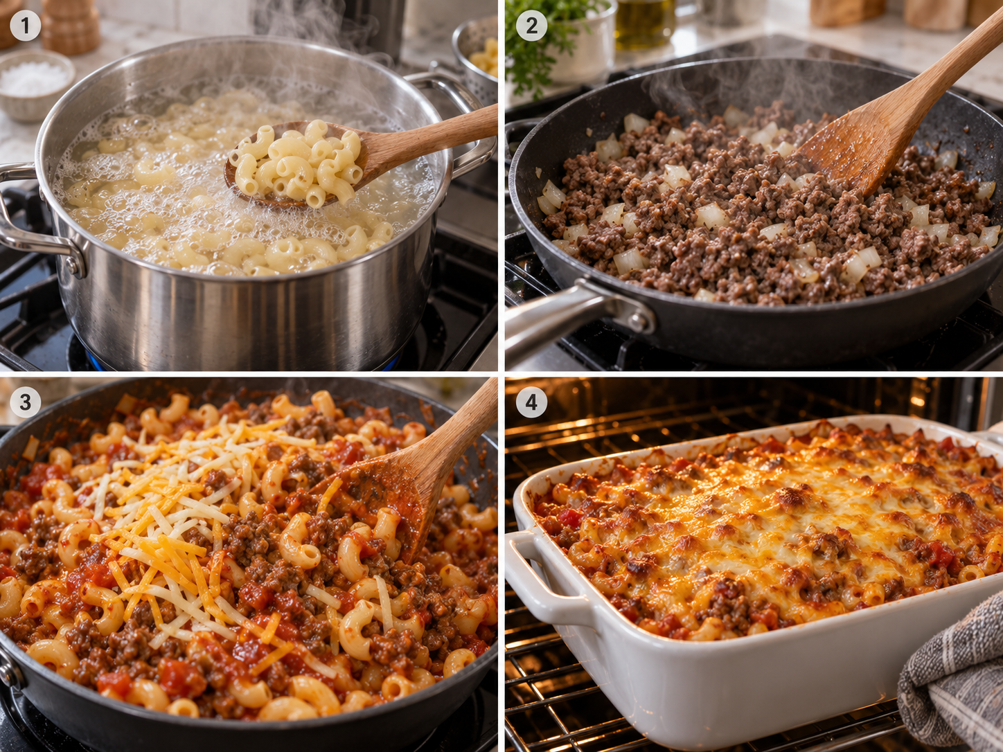 Four steps for making macaroni beef baked casserole