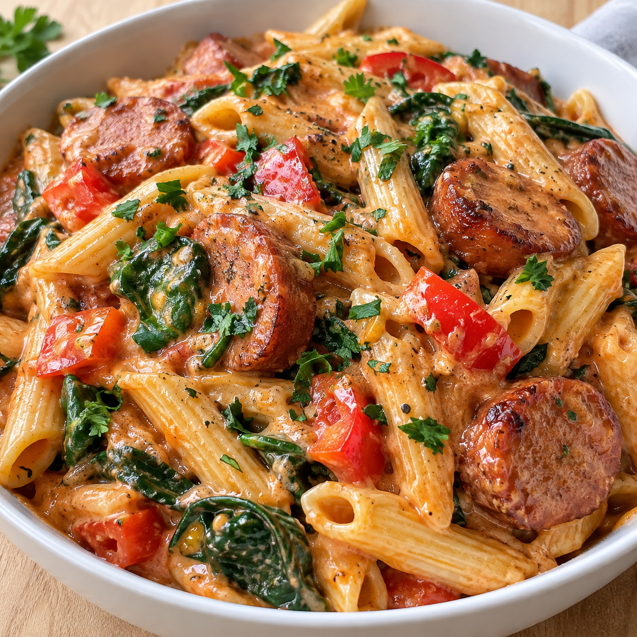 Creamy kielbasa pasta with penne, spinach, peppers, and parsley