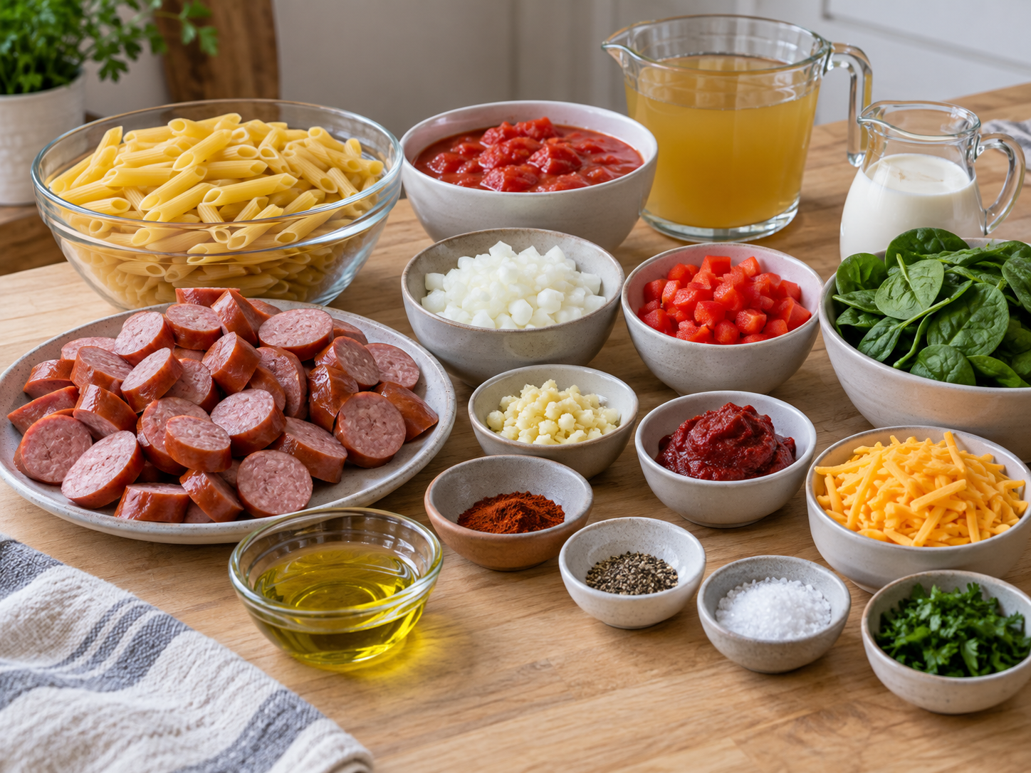 Ingredients for creamy kielbasa pasta arranged on a light wood surface