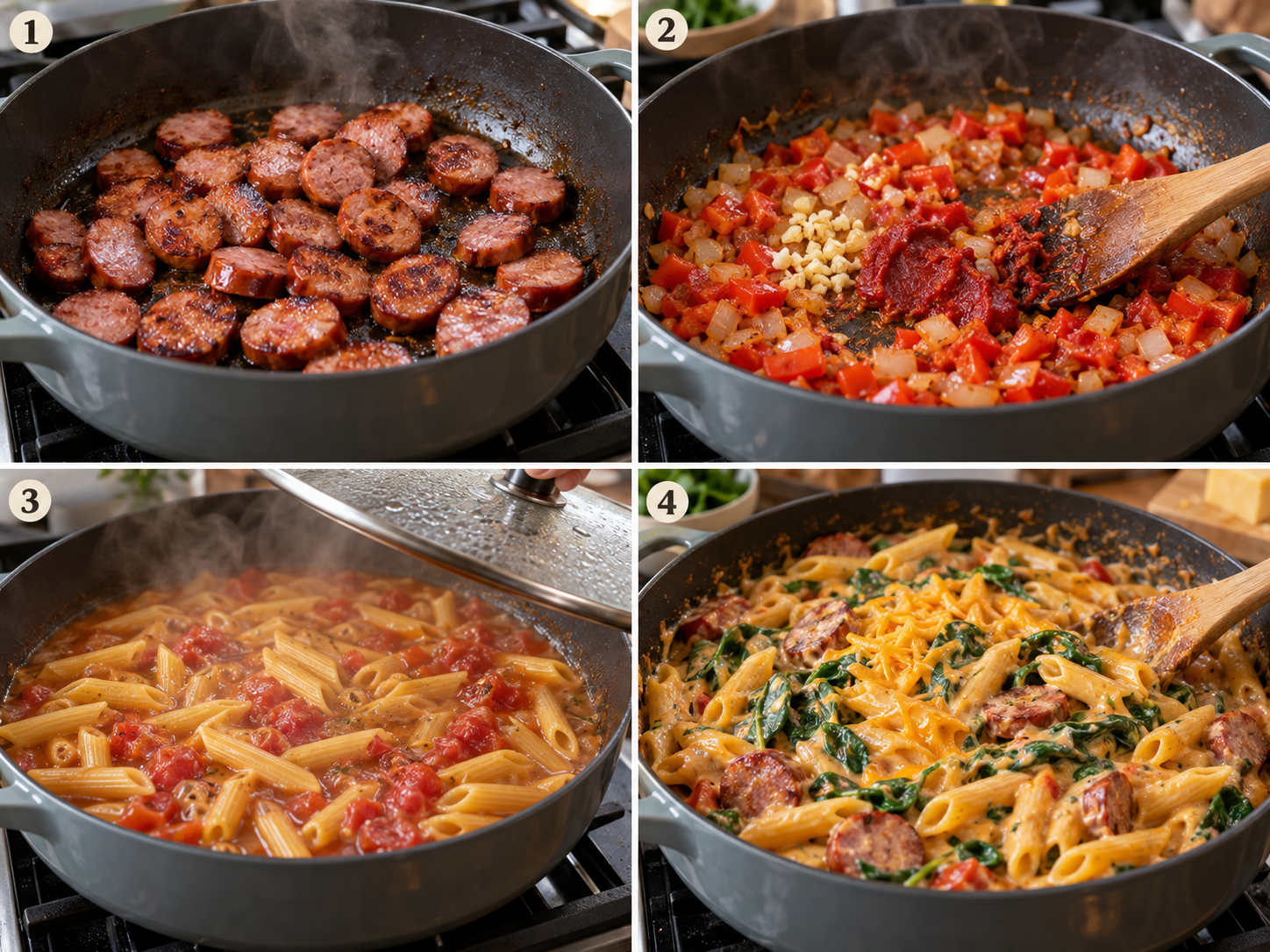 Four cooking steps for one-pan kielbasa pasta in a skillet