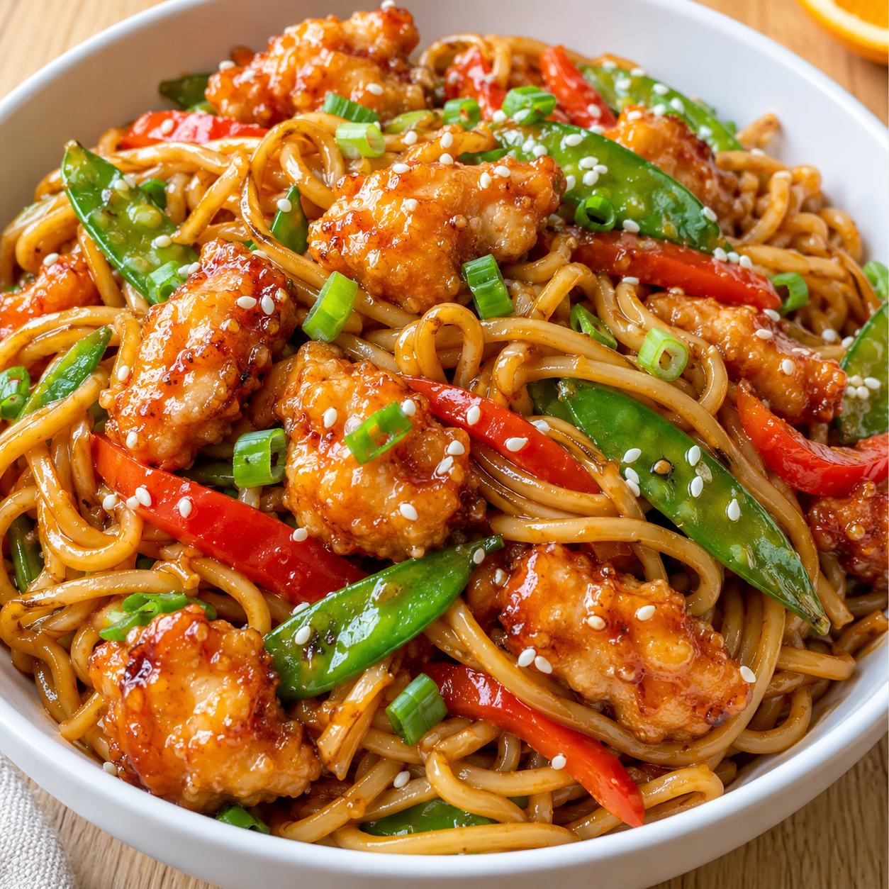 Orange chicken noodles with crispy chicken, scallions, and sesame seeds