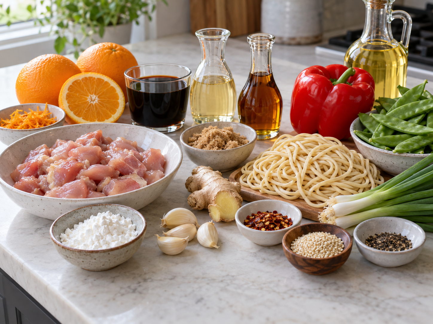Ingredients for orange chicken noodles with chicken, oranges, noodles, and vegetables