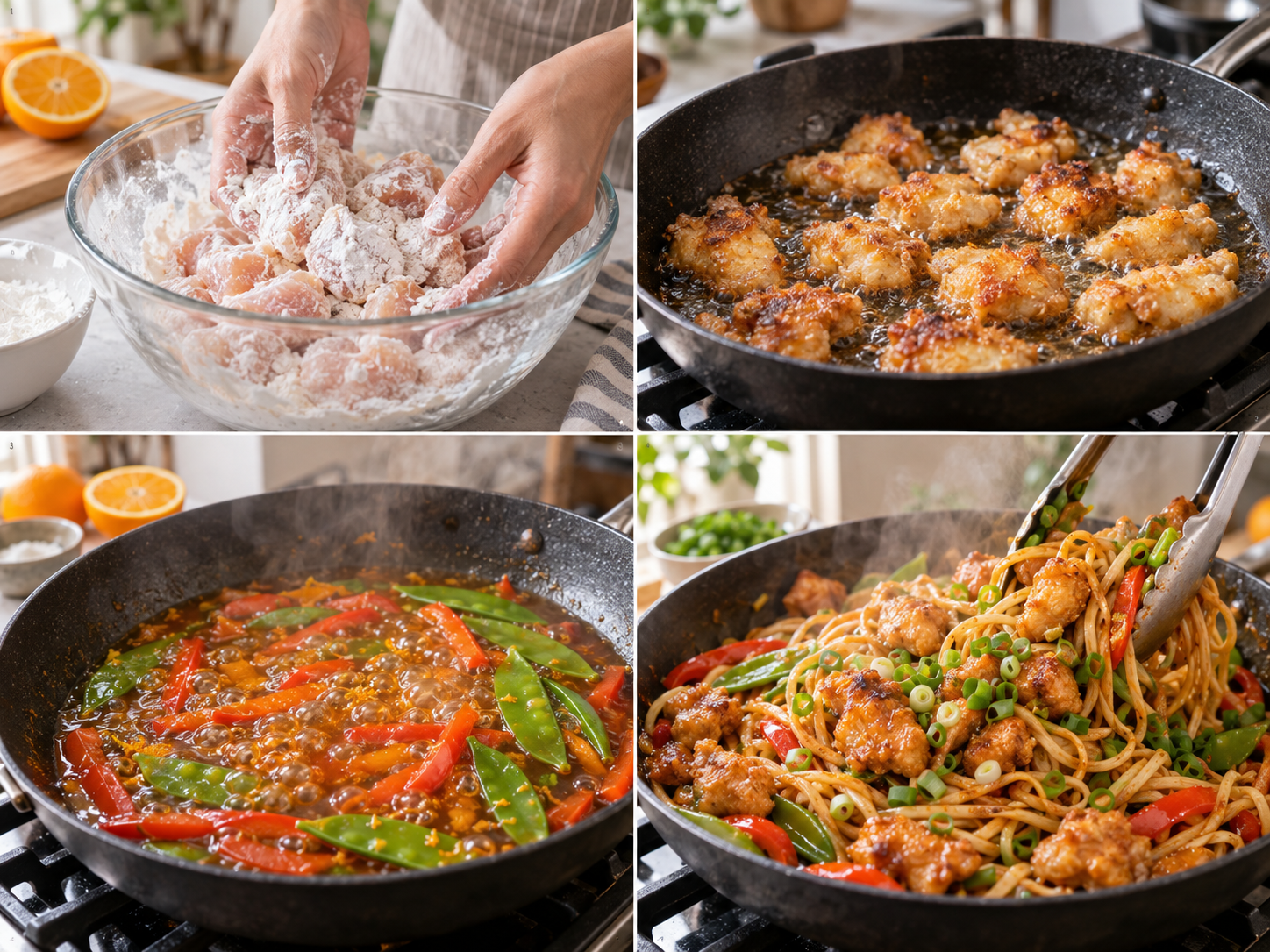 Four cooking steps for orange chicken noodles from coating to tossing